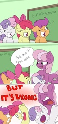 Size: 700x1500 | Tagged: safe, artist:wazzart, apple bloom, cheerilee, scootaloo, sweetie belle, earth pony, pegasus, pony, unicorn, g4, ><, comic, cutie mark crusaders, eyes closed, math, shrunken pupils, sweetie derelle, two stupid dogs, yelling