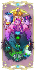 Size: 458x911 | Tagged: dead source, safe, artist:dashiana, princess cadance, queen chrysalis, shining armor, twilight sparkle, alicorn, changeling, changeling queen, pony, unicorn, a canterlot wedding, g4, bell, card, contrast, duality, female, male, mare, no more ponies at source, scene interpretation, simple background, stallion, transparent background, unicorn twilight, upside down, wreath