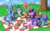 Size: 2340x1464 | Tagged: safe, artist:catsncupcakes, trixie, twilight sparkle, alicorn, chicken, fish, munchlax, pony, shrimp, turkey, unicorn, wynaut, g4, accessory swap, apple, burger, cake, cooked, crossover, cupcake, dead, egg (food), female, food, fork, fried egg, ham, hamburger, hot dog, knife, lesbian, magic, mare, meat, napkin, noodles, picnic, picnic basket, picnic blanket, pie, plate, pokémon, ponies eating meat, ponies eating seafood, product placement, sandwich, ship:twixie, shipping, silverware, steak, telekinesis, tree, twix, x eyes