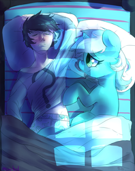 Size: 757x956 | Tagged: safe, artist:mewball, lyra heartstrings, oc, oc:anon, human, pony, unicorn, g4, anon with a face, bed, clothes, duo, female, human fetish, human male, humie, male, mare, sleeping, smiling