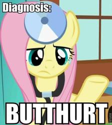 Size: 477x533 | Tagged: safe, edit, edited screencap, screencap, fluttershy, pony, a bird in the hoof, g4, butthurt, caption, cropped, diagnosis, doctor, doctor fluttershy, female, head mirror, image macro, meme, reaction image, solo, stethoscope
