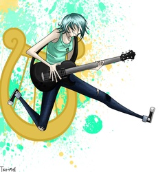 Size: 3790x3900 | Tagged: safe, artist:tao-mell, lyra heartstrings, human, fanfic:anthropology, g4, 2013, electric guitar, fanfic, fanfic art, female, grin, guitar, hair over eyes, hidden eyes, humanized, lyre, musical instrument, smiling, solo