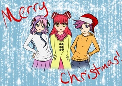 Size: 1034x734 | Tagged: safe, artist:ashleighaleigh, apple bloom, scootaloo, sweetie belle, human, g4, christmas, cutie mark crusaders, humanized