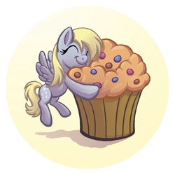Size: 1125x1125 | Tagged: safe, artist:raynesgem, derpy hooves, pegasus, pony, g4, female, hug, mare, micro, muffin, solo, that pony sure does love muffins