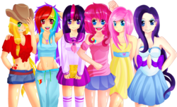Size: 1147x697 | Tagged: safe, artist:chatt3rbox, applejack, fluttershy, pinkie pie, rainbow dash, rarity, twilight sparkle, human, g4, armpits, belly button, boobie mark, breasts, busty applejack, busty pinkie pie, busty rainbow dash, busty rarity, clothes, cutie mark on human, dress, front knot midriff, humanized, line-up, mane six, midriff, navel cutout, school uniform, simple background, skinny, skirt, tank top, thin, transparent background, whistle, whistle necklace