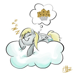 Size: 800x795 | Tagged: safe, artist:romaniz, derpy hooves, pegasus, pony, g4, cloud, female, lying on a cloud, mare, muffin, on a cloud, sleeping, sleeping on a cloud, solo, that pony sure does love muffins, zzz