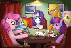 Size: 1800x1200 | Tagged: safe, artist:tofucakes, applejack, fluttershy, pinkie pie, rainbow dash, rarity, twilight sparkle, g4, card, card game, chair, cheating, drink, glasses, lamp, mane six, pipe, poker, shock, shocked, table