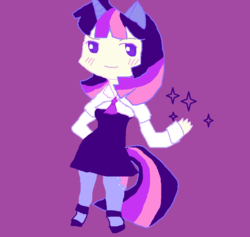 Size: 983x932 | Tagged: safe, artist:kirbyemma, twilight sparkle, human, g4, blushing, chibi, clothes, cutie mark, cutie mark on clothes, dress, eared humanization, female, horn, horned humanization, humanized, mary janes, necktie, shoes, solo, tailed humanization