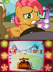 Size: 1012x1365 | Tagged: safe, apple bytes, archer (character), babs seed, button mash, scootablue, earth pony, pony, g4, hearts and hooves day (episode), arcade, arcade game, colt, crossover, disney, female, filly, hat, high score, male, propeller hat, steering wheel, sugar rush, vanellope von schweetz, wreck-it ralph