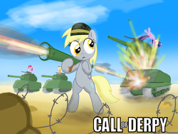 Size: 1200x900 | Tagged: safe, artist:shutterflye, applejack, derpy hooves, pinkie pie, twilight sparkle, pony, g4, barbed wire, bipedal, call of duty, friendly fire, helmet, i just don't know what went wrong, m4 sherman, parody, rocket launcher, tank (vehicle)