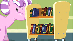 Size: 480x270 | Tagged: safe, screencap, nurse sweetheart, earth pony, pony, g4, read it and weep, animated, book, bookshelf, chubby, cute, female, hair bun, hat, mare, nurse, nurse hat, nurse sweetabetes, ponyville hospital, pushing, solo, walking