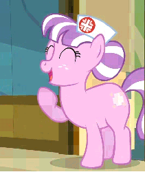 Size: 433x513 | Tagged: safe, screencap, nurse sweetheart, earth pony, pony, g4, read it and weep, animated, chubby, cropped, cute, door, female, hair bun, hat, mare, nurse, nurse hat, nurse sweetabetes, ponyville hospital, solo