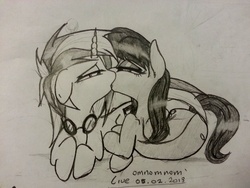 Size: 3264x2448 | Tagged: dead source, safe, artist:themoonraven, dj pon-3, octavia melody, vinyl scratch, earth pony, pony, unicorn, g4, duo, female, french kiss, kissing, lesbian, mare, monochrome, ship:scratchtavia, shipping, traditional art