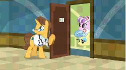 Size: 480x270 | Tagged: safe, screencap, doctor horse, doctor stable, nurse coldheart, nurse snowheart, nurse sweetheart, earth pony, pony, unicorn, g4, read it and weep, animated, bipedal, bipedal leaning, chubby, doctor, door, female, glasses, hair bun, hair net, hat, leaning, male, mare, nurse, nurse hat, ponyville hospital, stallion, stethoscope, wheelchair