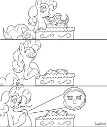 Size: 1200x1425 | Tagged: safe, artist:php187, pinkie pie, rainbow dash, earth pony, pony, comic:the rainbow pie cake, g4, cake, comic, eaten alive, endosoma, female, head first, lesbian, mare, monochrome, non-fatal vore, pinkie pred, preydash, rainbow dash is not amused, ship:pinkiedash, shipping, soft vore, tail sticking out, tongue out, unamused, vore