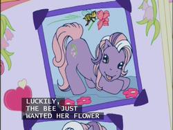 Size: 640x480 | Tagged: safe, screencap, wysteria, bee, earth pony, insect, pony, a charming birthday, g3, birthday book, cute, face down ass up, female, flower, g3betes, mare, open mouth, open smile, ponyville surprise birthday book, scrapbook, smiling, solo, subtitles, wysteriadorable