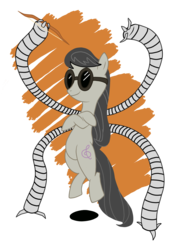 Size: 1700x2338 | Tagged: safe, artist:thisnameisnotprofane, octavia melody, earth pony, pony, g4, bipedal, bow (weapon), crossover, doctor octavia, doctor octopus, female, male, marvel, parody, pun, simple background, solo, sonata du octave, spider-man, transparent background