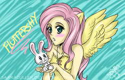 Size: 900x573 | Tagged: safe, artist:saaracullen, angel bunny, fluttershy, g4, blushing, eared humanization, humanized, winged humanization