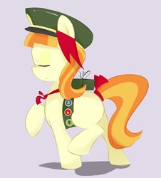 Size: 1385x1533 | Tagged: dead source, safe, artist:kryptchild, tag-a-long, earth pony, pony, g4, clothes, cute, female, filly, filly guides, foal, freckles, hat, request, simple background, solo, thin mint, uniform