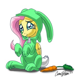 Size: 864x890 | Tagged: safe, artist:ceehoff, fluttershy, pony, g4, bunny costume, bunny pajamas, bunnyshy, carrot, clothes, female, solo