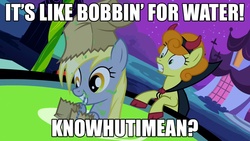 Size: 1280x720 | Tagged: safe, edit, edited screencap, screencap, carrot top, derpy hooves, golden harvest, pegasus, pony, g4, luna eclipsed, apple bobbing, caption, clothes, costume, crossover, devil costume, ernest p. worrell, female, image macro, mare, mouth hold, nightmare night costume, paper bag, paper bag wizard, parody
