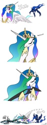 Size: 2528x6698 | Tagged: safe, artist:grievousfan, princess celestia, princess luna, queen chrysalis, alicorn, changeling, changeling queen, pony, g4, cheeselegs, comic, dead, dialogue, female, mare, simple background, whistling, white background, x eyes