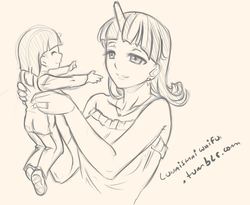 Size: 1840x1510 | Tagged: safe, artist:lunaismaiwaifu, twilight sparkle, twilight velvet, human, g4, 30 minute art challenge, child, cute, horn, horned humanization, humanized, mother and daughter, smiling, younger