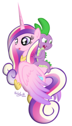 Size: 399x691 | Tagged: safe, artist:kristysk, princess cadance, spike, dragon, pony, g4, dragons riding ponies, riding, simple background, transparent background
