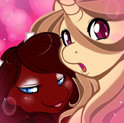 Size: 906x902 | Tagged: safe, artist:revadiehard, oc, oc only, oc:buttercream, oc:red velvet, pegasus, pony, unicorn, blushing, bust, colored pupils, duo, female, lidded eyes, looking at you, mare, open mouth, palindrome get, portrait
