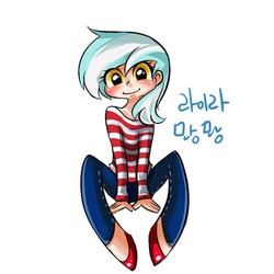 Size: 500x500 | Tagged: source needed, safe, artist:muangmuang, lyra heartstrings, human, g4, clothes, female, humanized, korean, pants, shirt, skinny, solo, striped shirt, thin