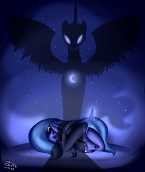 Size: 1024x1220 | Tagged: safe, artist:rebecka-chan, nightmare moon, princess luna, alicorn, pony, g4, cowering, crying, duality, eyes closed, female, glowing horn, horn, looking down, mare, prone, scared, shadow, signature, spread wings, wings