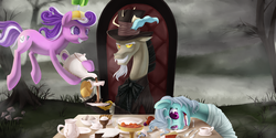 Size: 2000x1000 | Tagged: safe, artist:aurarrius, derpy hooves, discord, screw loose, screwball, pegasus, pony, g4, alice in wonderland, apple, cake, crossover, female, food, mad hatter, mare, micro, sinister smile, tea, tea party, teapot