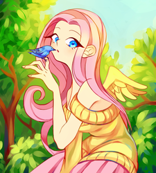 Size: 450x500 | Tagged: safe, artist:sykgarden, fluttershy, human, g4, female, humanized, solo, winged humanization