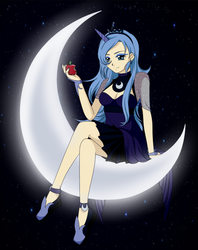 Size: 635x800 | Tagged: safe, artist:darkalchemist15, princess luna, human, g4, female, horn, horned humanization, humanized, moon, solo, tangible heavenly object