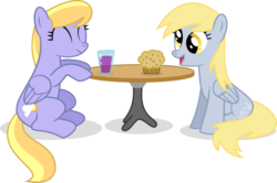 Size: 1024x681 | Tagged: safe, artist:ulyssesgrant, cloud kicker, derpy hooves, pegasus, pony, g4, ^^, cute, drink, eyes closed, female, glass, mare, muffin, open mouth, simple background, sitting, smiling, table, transparent background, vector