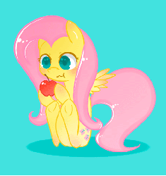 Size: 500x530 | Tagged: safe, artist:happyendingfactory, fluttershy, pegasus, pony, g4, animated, apple, blinking, blue background, chewing, cute, cutie mark, eating, female, mare, nom, shadow, simple background, solo, tumblr