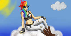 Size: 1366x686 | Tagged: safe, artist:stubbornstallion, rainbow dash, human, g4, belly button, boots, cleavage, clothes, cloud, converse, female, fingerless gloves, gloves, humanized, midriff, shoes, solo, sunglasses, torn clothes