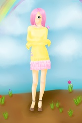 Size: 4000x6000 | Tagged: safe, artist:natsukonihon, fluttershy, human, g4, clothes, female, flattershy, humanized, skinny, skirt, solo, sweater, sweatershy, thin