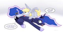 Size: 4800x2700 | Tagged: safe, artist:slackerburst, derpy hooves, princess luna, alicorn, pegasus, pony, g4, female, floppy ears, looking back, mare, open mouth, poking, prone, smiling, spread wings, surprised, wide eyes