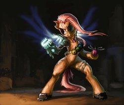 Size: 2046x1740 | Tagged: safe, artist:paladin, fluttershy, cyborg, pony, g4, action pose, badass, bipedal, fight, flutterbadass, weapon