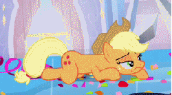 Size: 309x171 | Tagged: safe, screencap, applejack, earth pony, pony, g4, games ponies play, season 3, animated, breathing, confetti, crystal castle, crystal empire, cutie mark, exhausted, female, hat, headbob, implications, invisible stallion, mare, offscreen character, out of context, prone, solo, tired