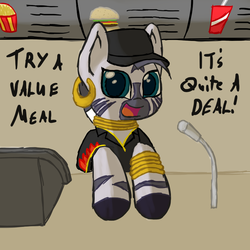 Size: 800x800 | Tagged: safe, artist:scramjet747, zecora, pony, zebra, g4, clothes, dialogue, fast food, female, hat, looking at you, restaurant, rhyme, solo, working