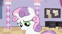 Size: 500x277 | Tagged: safe, screencap, sweetie belle, pony, g4, sisterhooves social, angry, animated, expressions, faic, female, frown, hub logo, sad, solo, soon