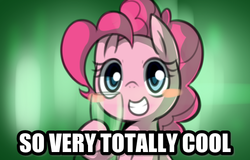Size: 534x342 | Tagged: safe, artist:maren, pinkie pie, earth pony, pony, g4, blush sticker, blushing, caption, das beer boot, female, glass, grin, image macro, impact font, reaction image, smiling, solo, text