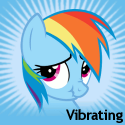 Size: 250x250 | Tagged: safe, rainbow dash, pegasus, pony, g4, animated, blue background, bust, female, gif, irony, looking up, mare, meta, nose wrinkle, official spoiler image, scrunchy face, simple background, solo, spoilered image joke, text, vibrating