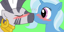 Size: 864x432 | Tagged: safe, artist:weaselbear, trixie, zecora, pony, unicorn, zebra, g4, blushing, crack shipping, cute, duo, female, green background, kiss on the lips, kissing, lesbian, lime background, mare, shipping, simple background, surprise kiss, surprised, trixora