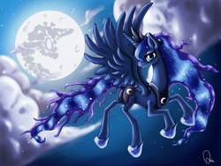 Size: 6000x4500 | Tagged: safe, artist:asadama, princess luna, pony, g4, absurd resolution, female, flying, mare in the moon, moon, night, solo