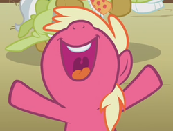 Size: 356x271 | Tagged: safe, screencap, pomegranate (g4), earth pony, pony, apple family reunion, g4, apple family member, background pony, cropped, filly, foal, open mouth, solo focus, volumetric mouth