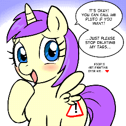 Size: 500x500 | Tagged: safe, artist:marcusmaximus, alula, pluto, princess erroria, alicorn, pony, unicorn, g4, 4chan, animated, blushing, cutie mark, dialogue, error, female, filly, glitch, heart, looking at you, simple background, speech bubble