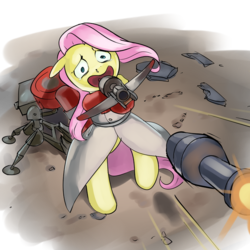 Size: 640x640 | Tagged: safe, artist:stupjam, fluttershy, pony, g4, bipedal, crossbow, crossover, crying, female, imminent death, mare, medic, medic (tf2), rocket, sentry, solo, team fortress 2, weapon